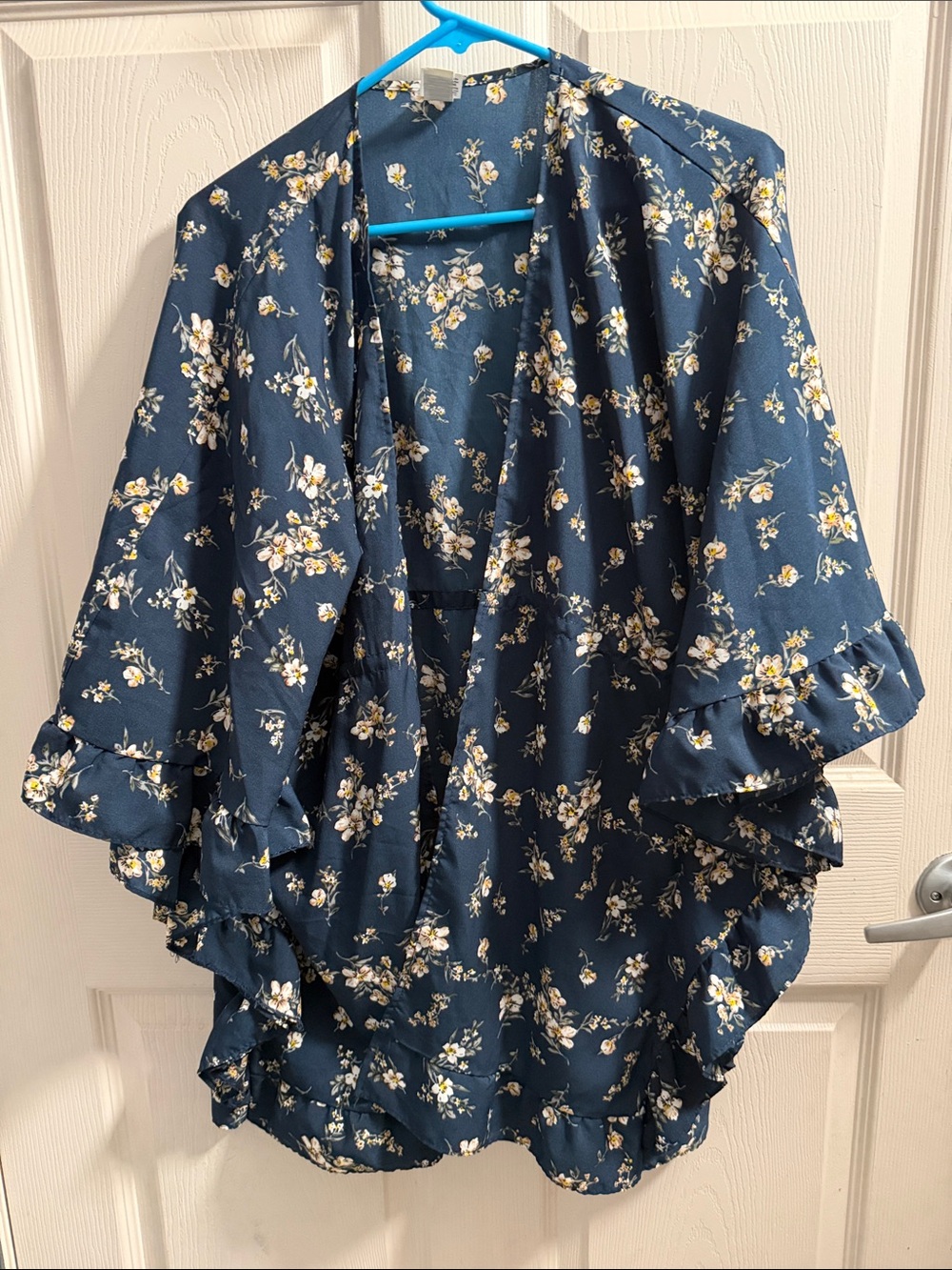 Floral Ruffle Kimono Shrug - Navy